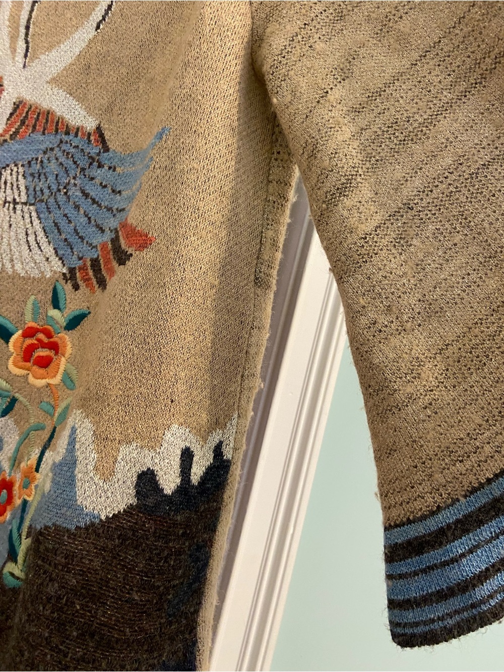 Anthropologie Beige Embroidered Crane Open-Front Wool Blend Sweater Cardigan - Picture 5 of 14